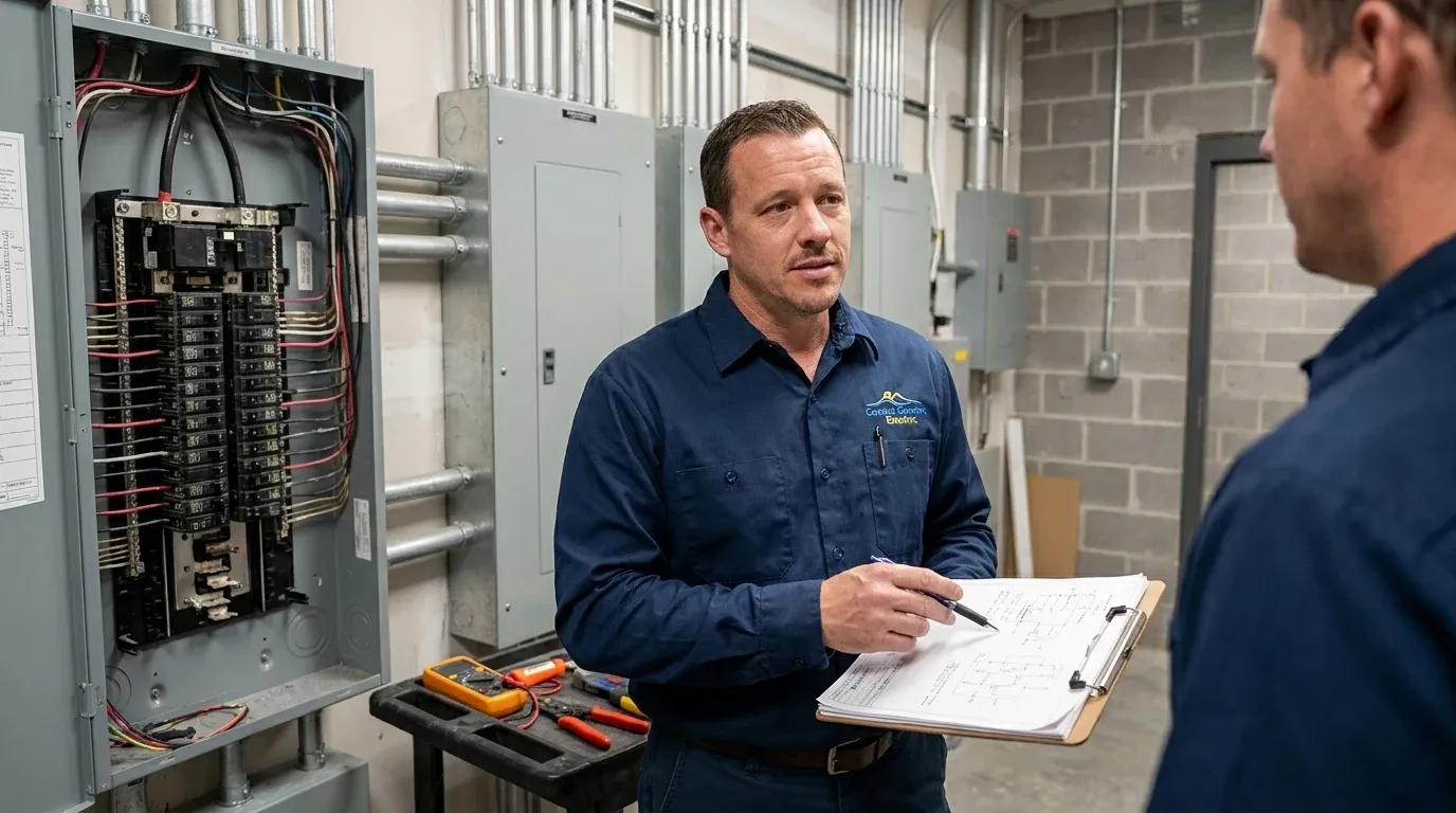 Coastal Comfort Electric Commercial Electrical Troubleshooting Planning Coastal Comfort Electric technician reviewing notes and materials for commercial electrical troubleshooting planning.