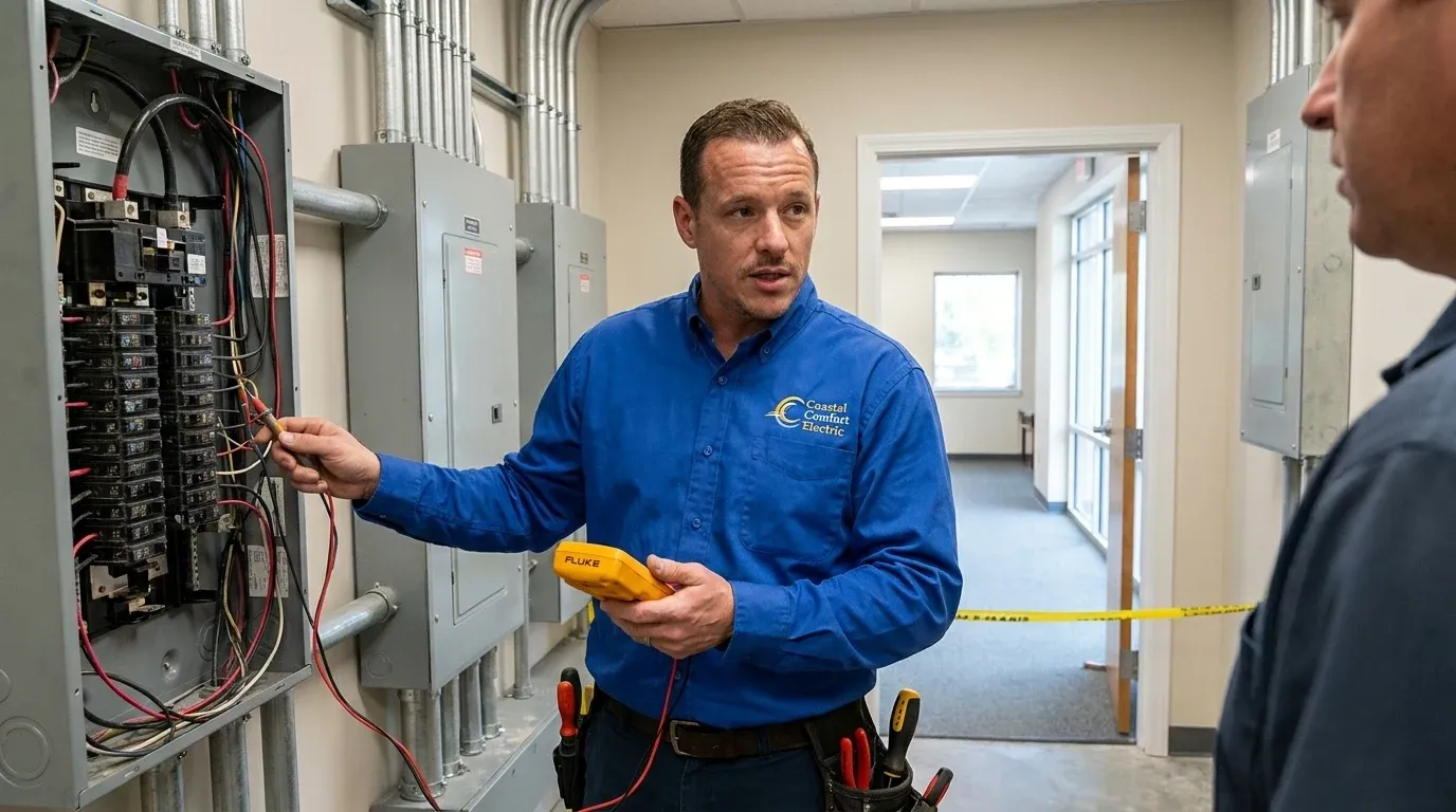Coastal Comfort Electric technician reviewing commercial electrical troubleshooting needs at a Wilmington-area commercial property.