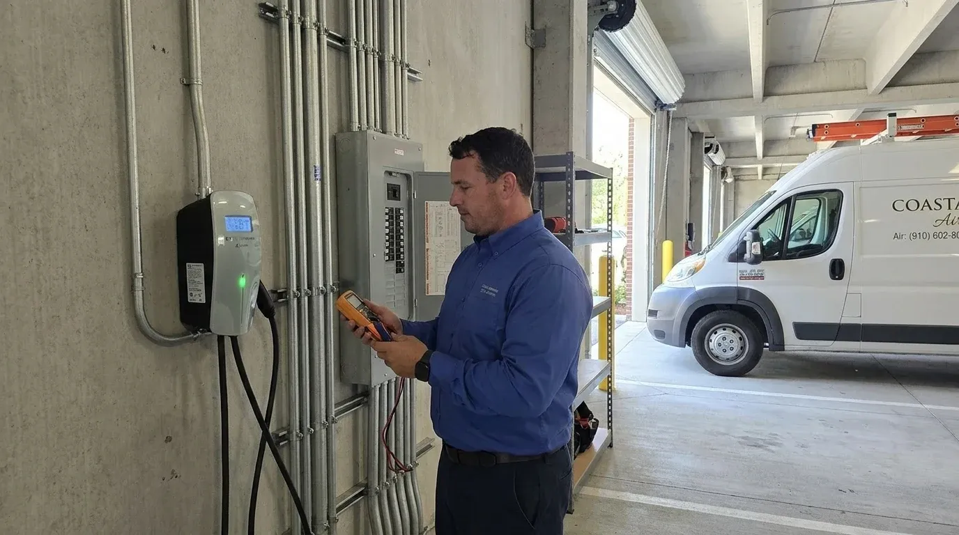 Coastal Comfort Electric Commercial EV Charger Installation Verification Coastal Comfort Electric technician verifying commercial EV charger installation work in a Wilmington-area commercial property.