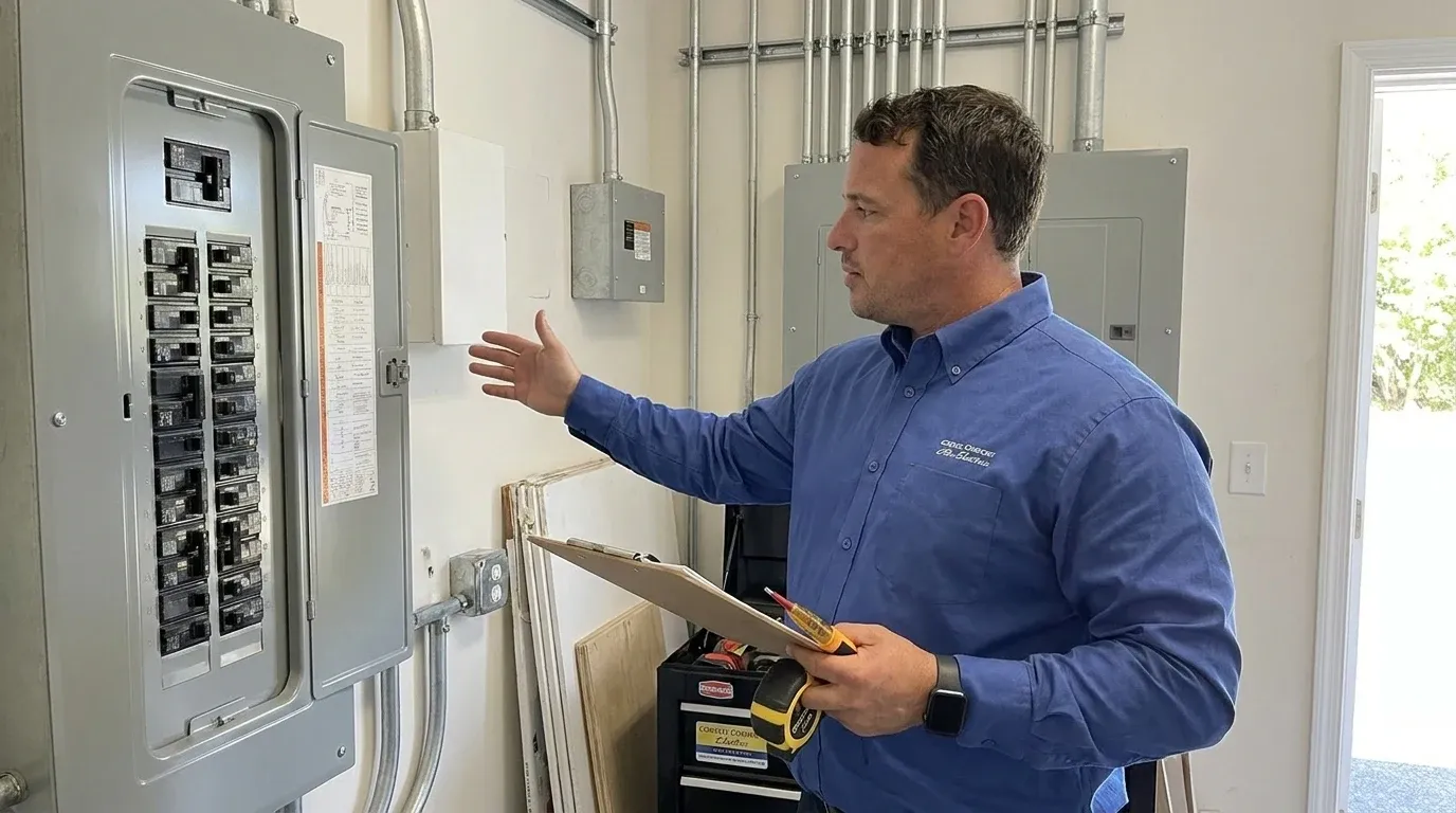 Coastal Comfort Electric Commercial EV Charger Installation Field Review Coastal Comfort Electric technician checking electrical conditions for commercial EV charger installation at a Wilmington-area commercial property.