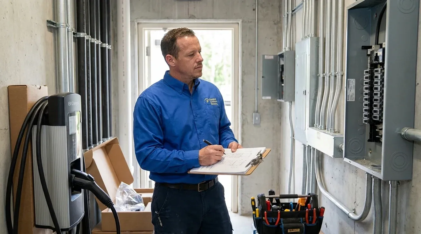 Coastal Comfort Electric Commercial EV Charger Installation Planning Coastal Comfort Electric technician reviewing notes and materials for commercial EV charger installation planning.