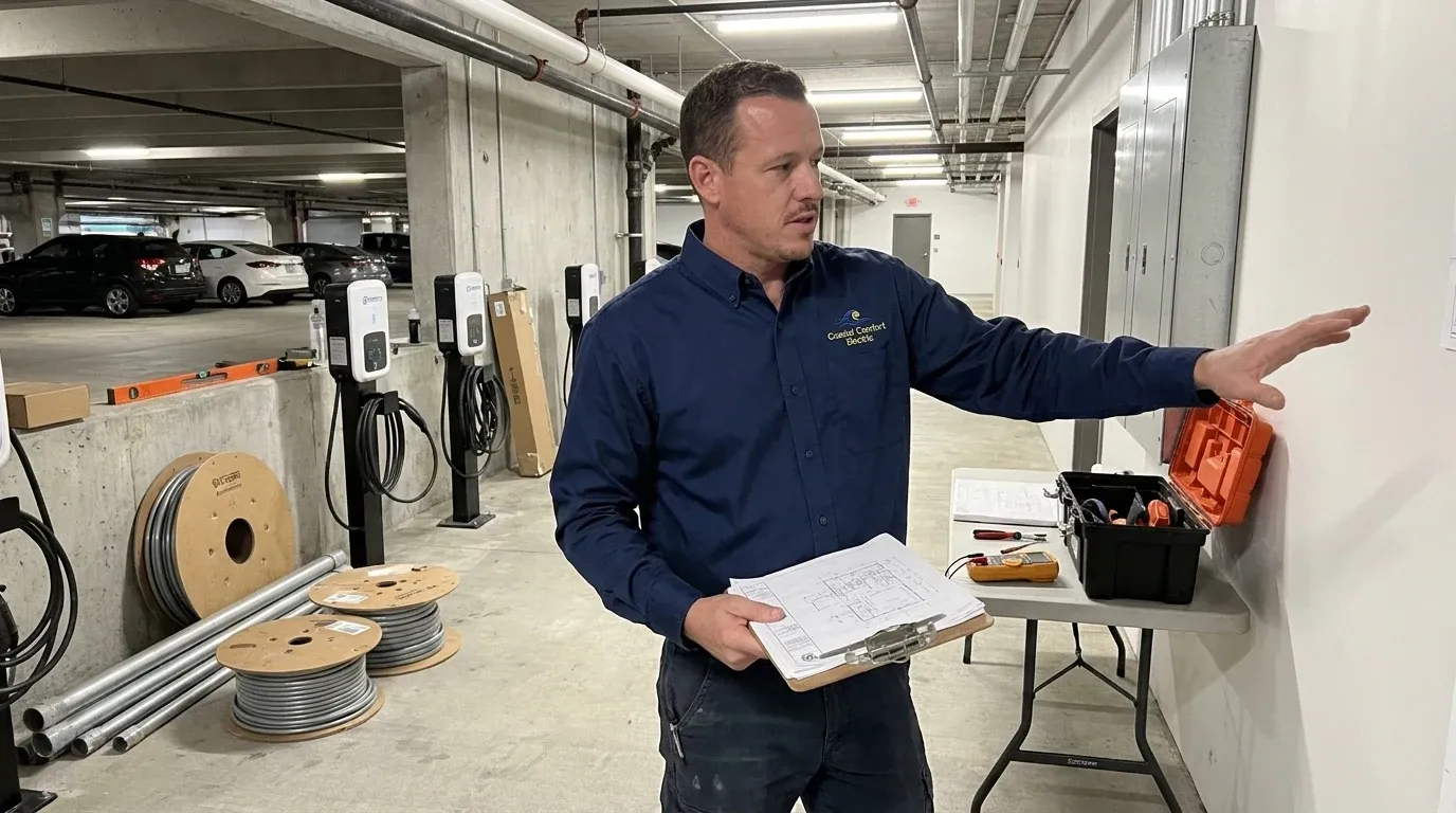Coastal Comfort Electric technician reviewing commercial EV charger installation needs at a Wilmington-area commercial property.