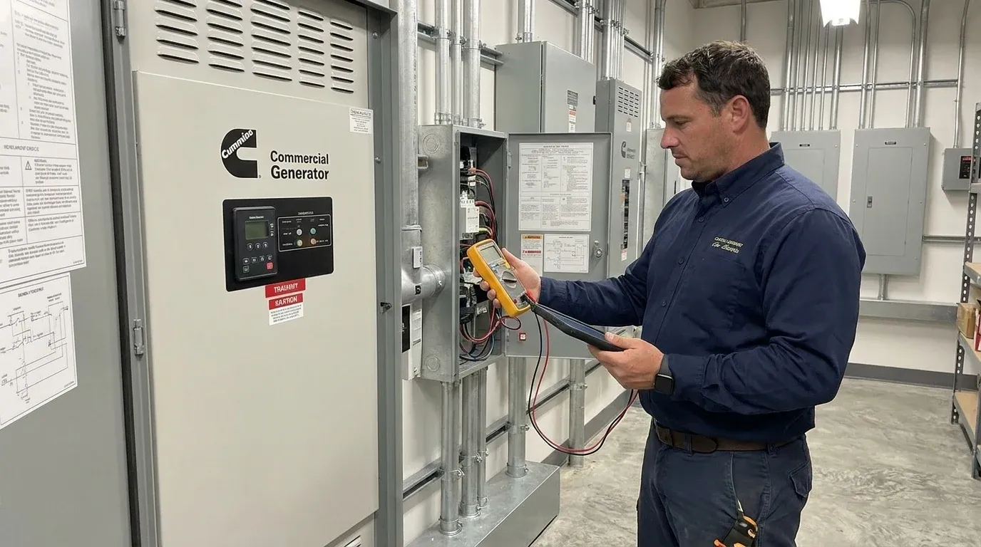 Coastal Comfort Electric Commercial Generator Connections Verification Coastal Comfort Electric technician verifying commercial generator connections work in a Wilmington-area commercial property.