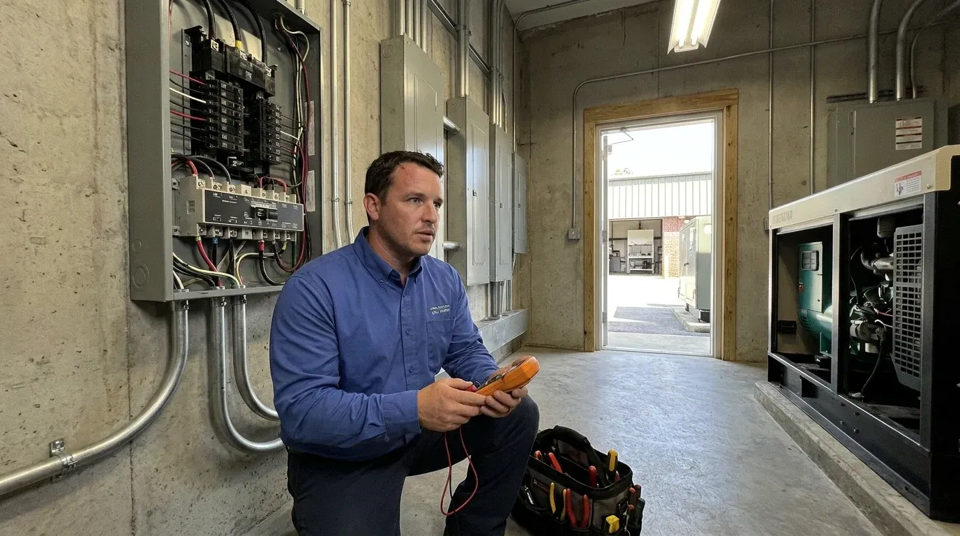 Coastal Comfort Electric Commercial Generator Connections Field Review Coastal Comfort Electric technician checking electrical conditions for commercial generator connections at a Wilmington-area commercial property.