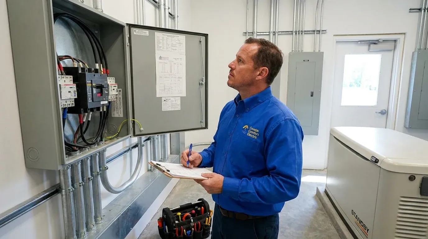 Coastal Comfort Electric Commercial Generator Connections Planning Coastal Comfort Electric technician reviewing notes and materials for commercial generator connections planning.