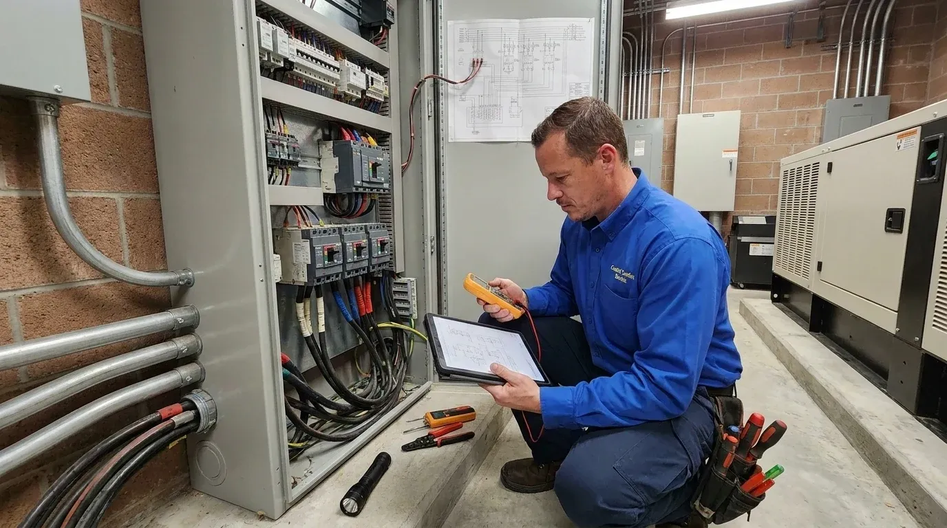 Coastal Comfort Electric technician reviewing commercial generator connections needs at a Wilmington-area commercial property.