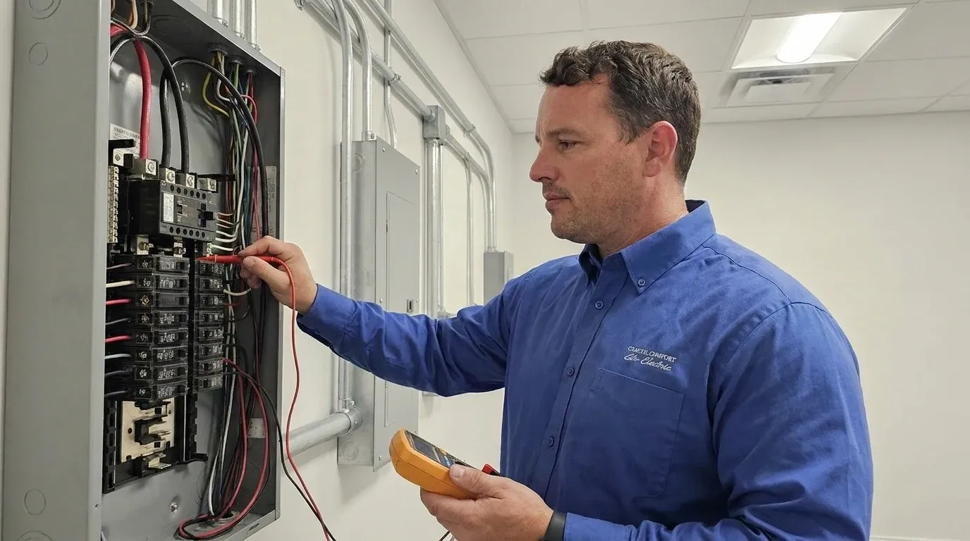 Coastal Comfort Electric technician verifying commercial lighting work in a Wilmington-area commercial property.