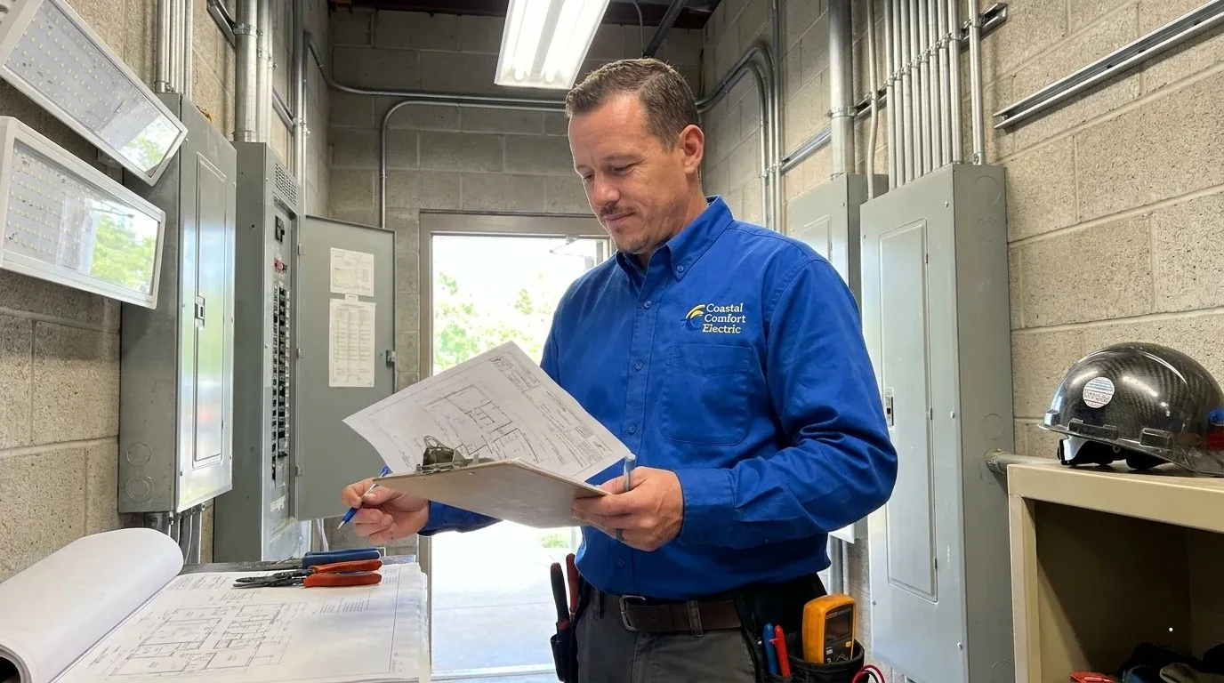 Coastal Comfort Electric Commercial Lighting Planning Coastal Comfort Electric technician reviewing notes and materials for commercial lighting planning.