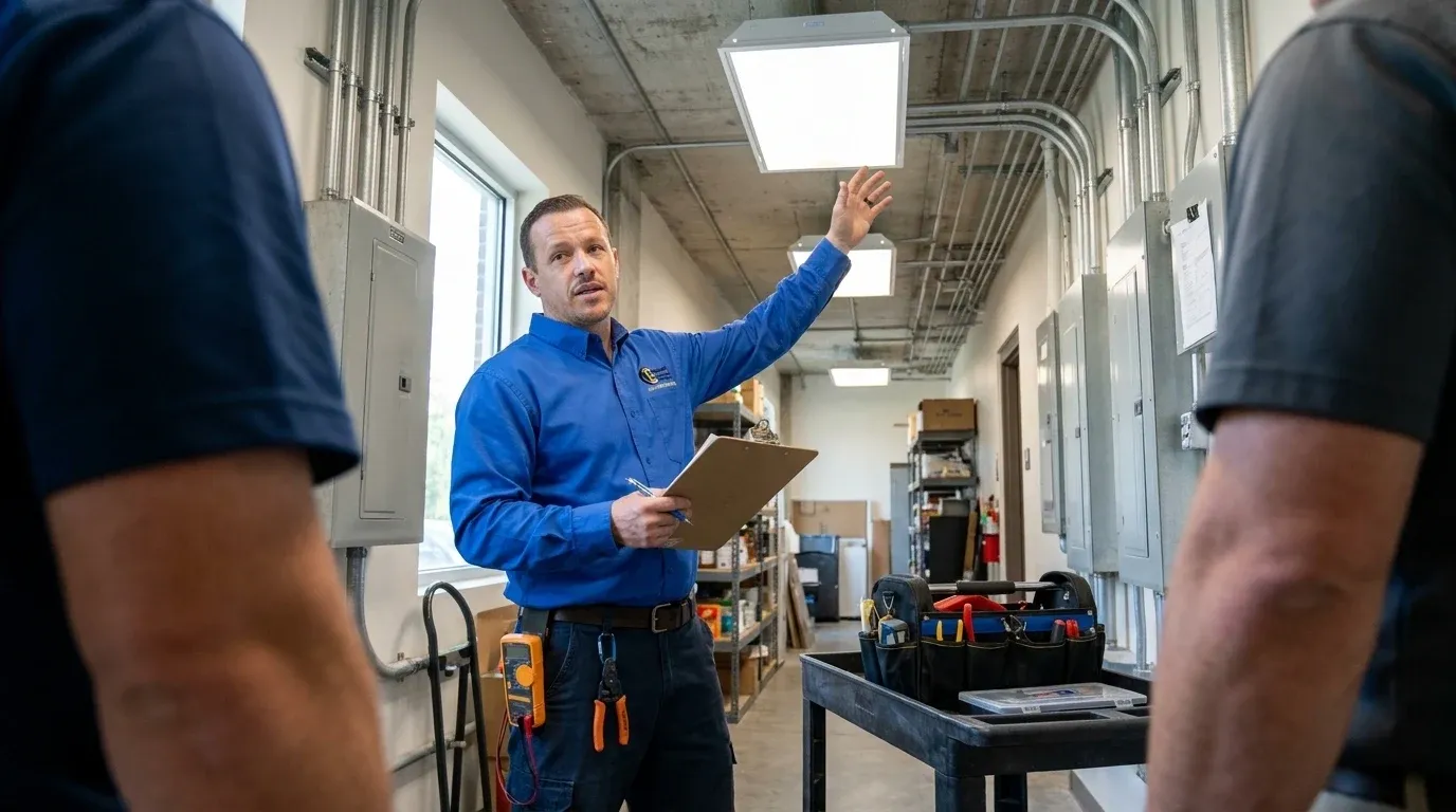 Coastal Comfort Electric technician reviewing commercial lighting needs at a Wilmington-area commercial property.