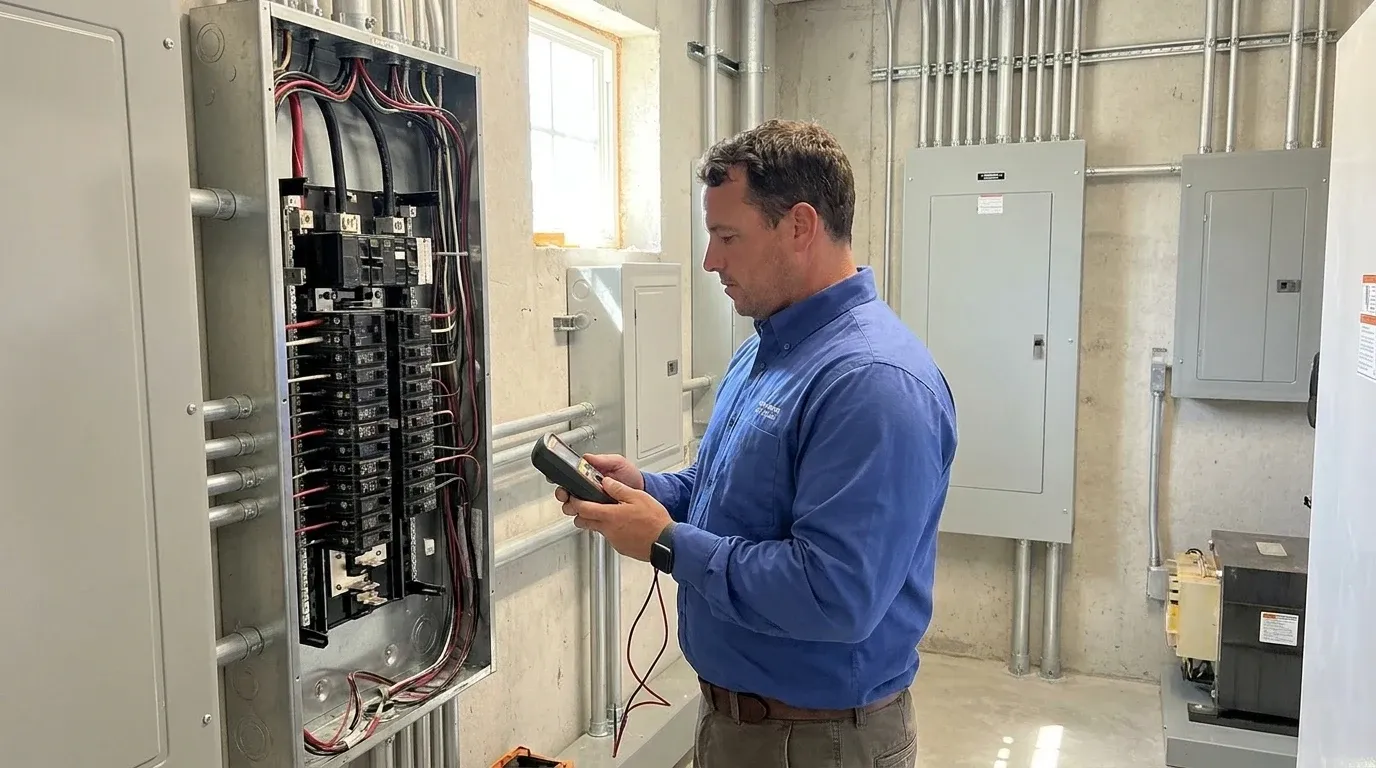 Coastal Comfort Electric technician verifying commercial panel upgrades work in a Wilmington-area commercial property.