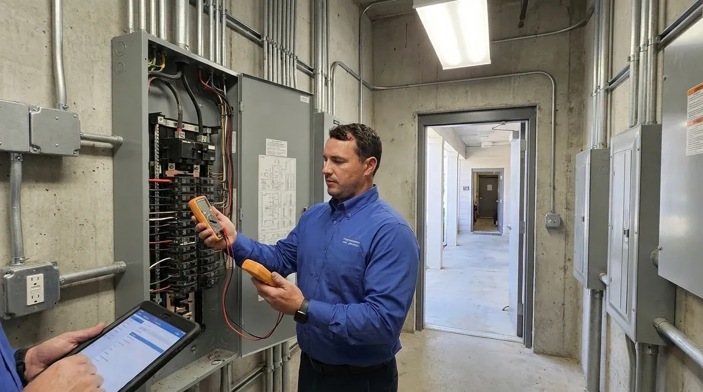 Coastal Comfort Electric technician checking electrical conditions for commercial panel upgrades at a Wilmington-area commercial property.