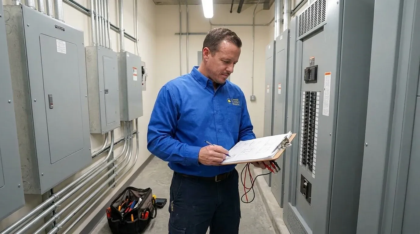 Coastal Comfort Electric technician reviewing notes and materials for commercial panel upgrades planning.