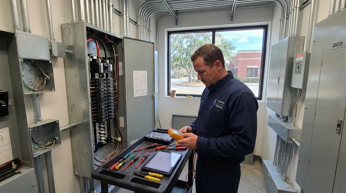 Coastal Comfort Electric technician reviewing commercial panel upgrades needs at a Wilmington-area commercial property.