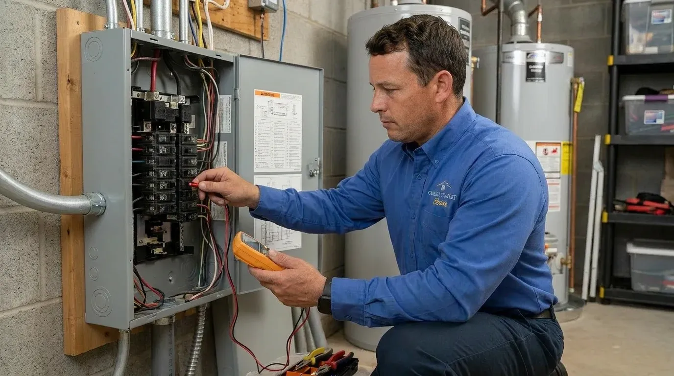 Coastal Comfort Electric Dedicated Circuits Field Review Coastal Comfort Electric technician checking electrical conditions for dedicated circuits at a Wilmington-area home.