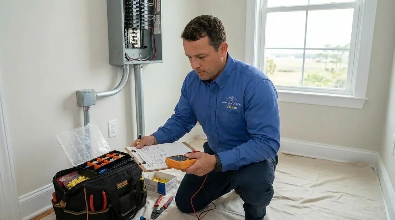 Coastal Comfort Electric Dedicated Circuits Planning Coastal Comfort Electric technician reviewing notes and materials for dedicated circuits planning.
