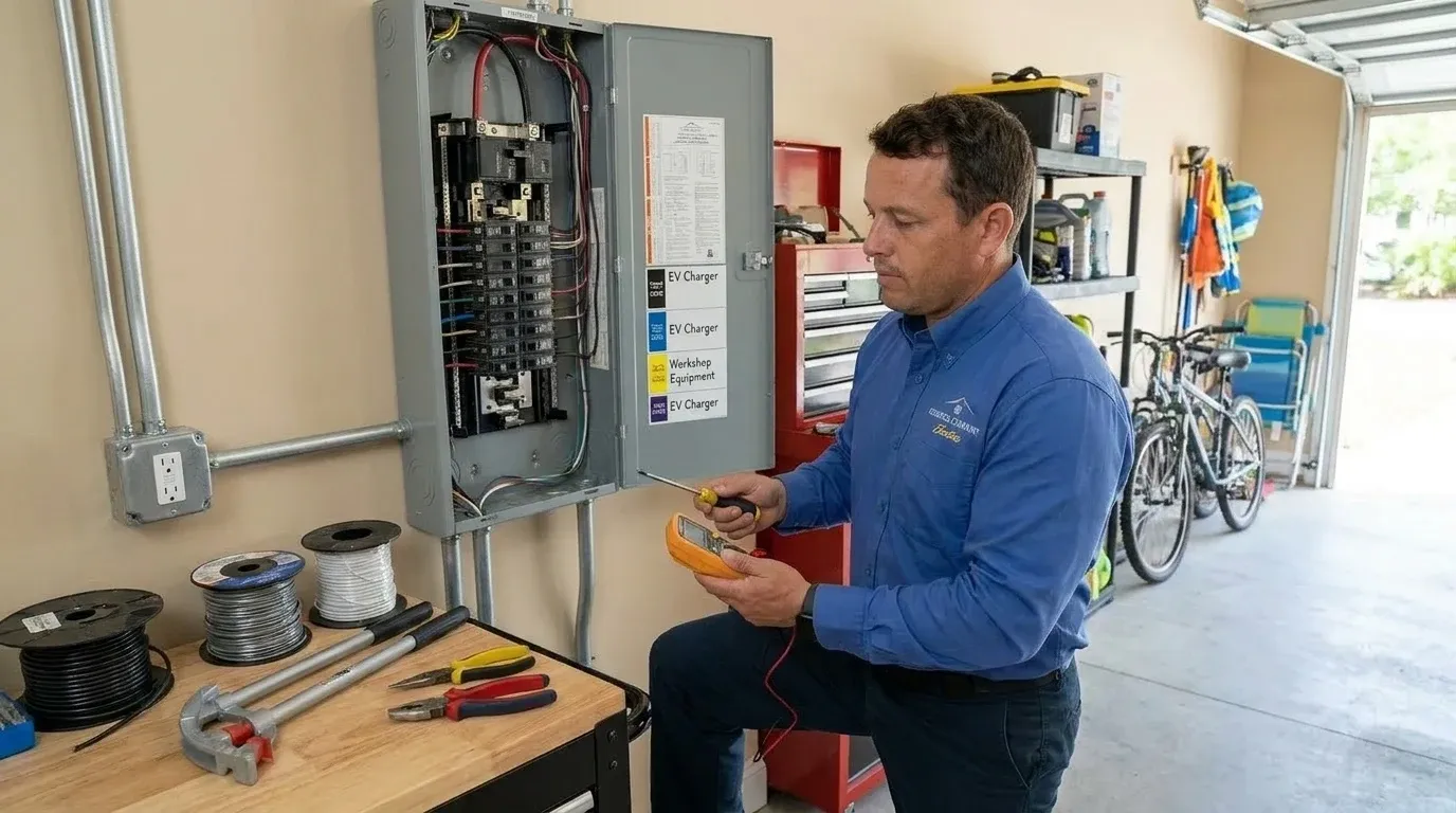 Coastal Comfort Electric technician reviewing dedicated circuits needs at a Wilmington-area home.