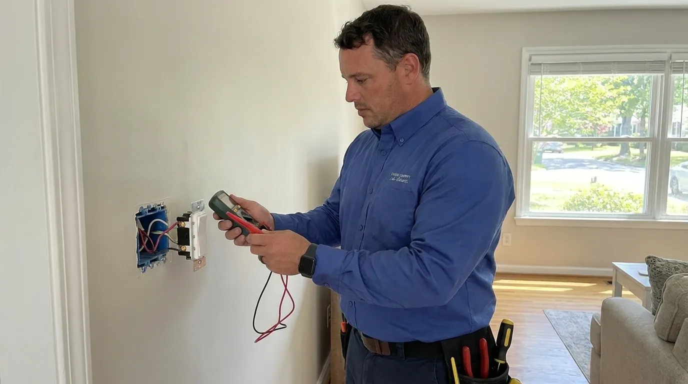 Coastal Comfort Electric technician verifying dimmer switch installation work in a Wilmington-area home.
