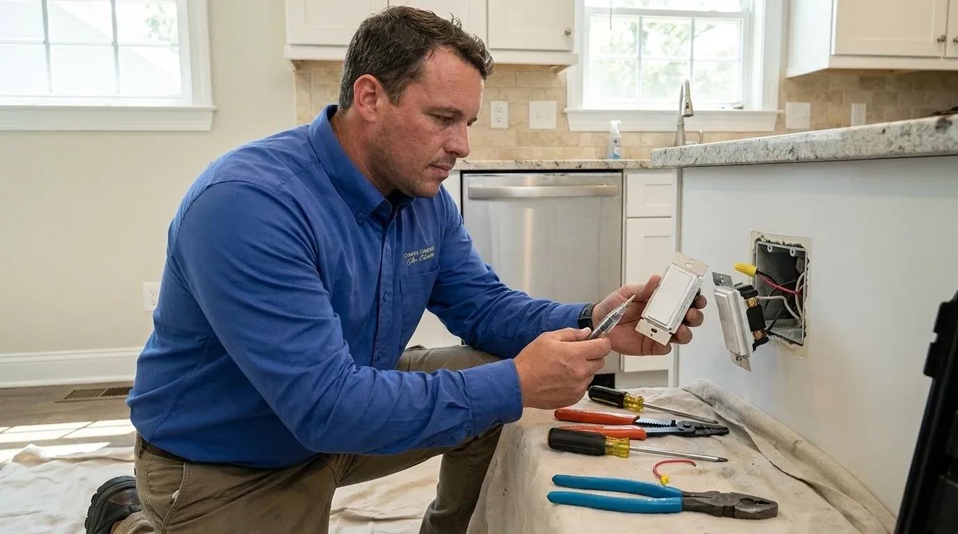 Coastal Comfort Electric Dimmer Switch Installation Field Review Coastal Comfort Electric technician checking electrical conditions for dimmer switch installation at a Wilmington-area home.