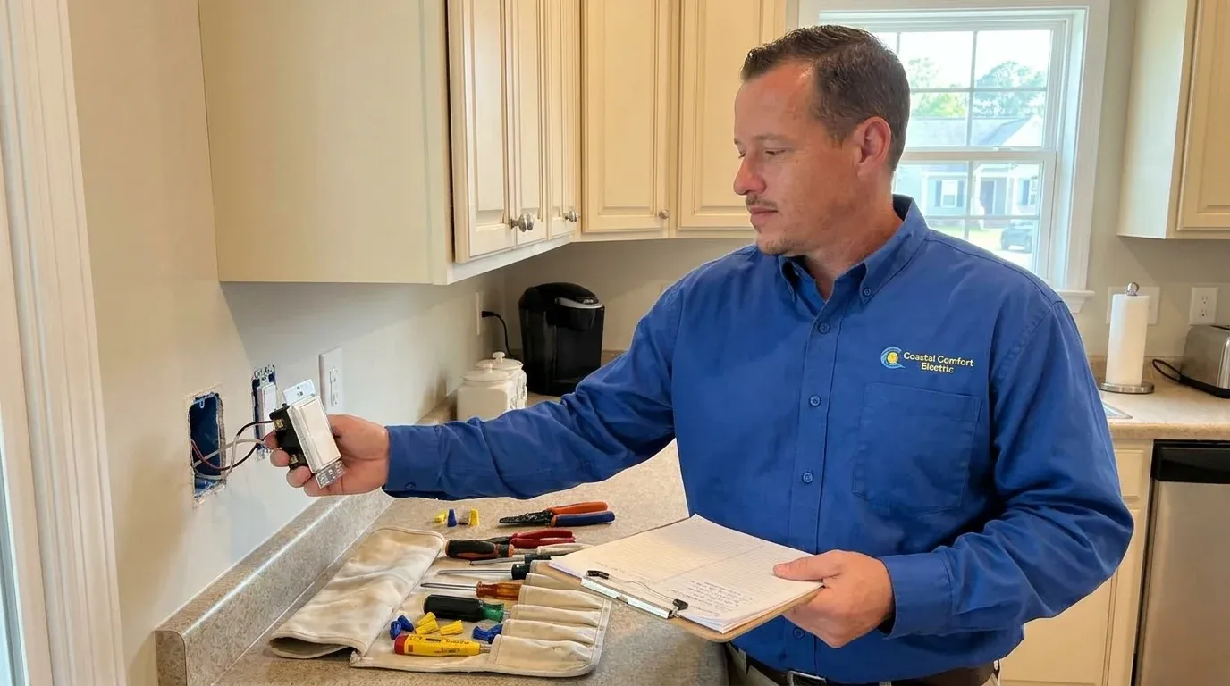 Coastal Comfort Electric Dimmer Switch Installation Planning Coastal Comfort Electric technician reviewing notes and materials for dimmer switch installation planning.