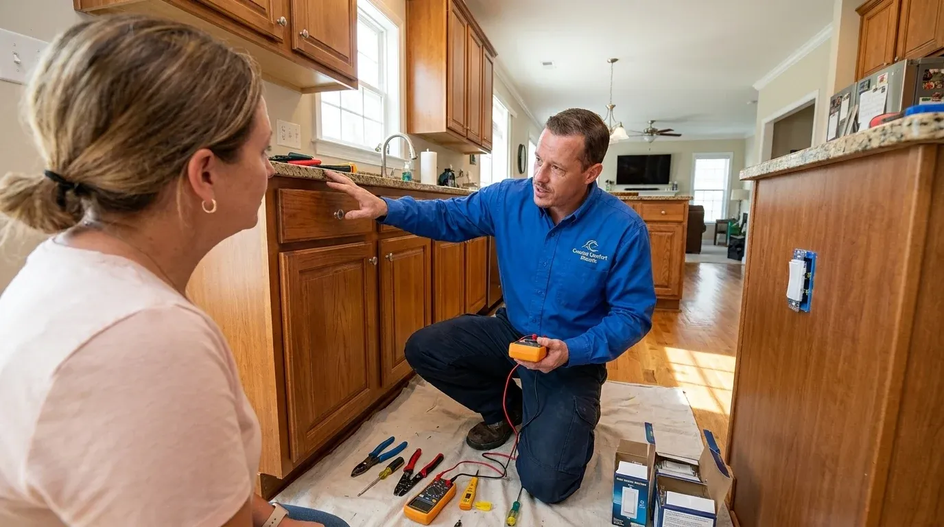 Coastal Comfort Electric technician reviewing dimmer switch installation needs at a Wilmington-area home.