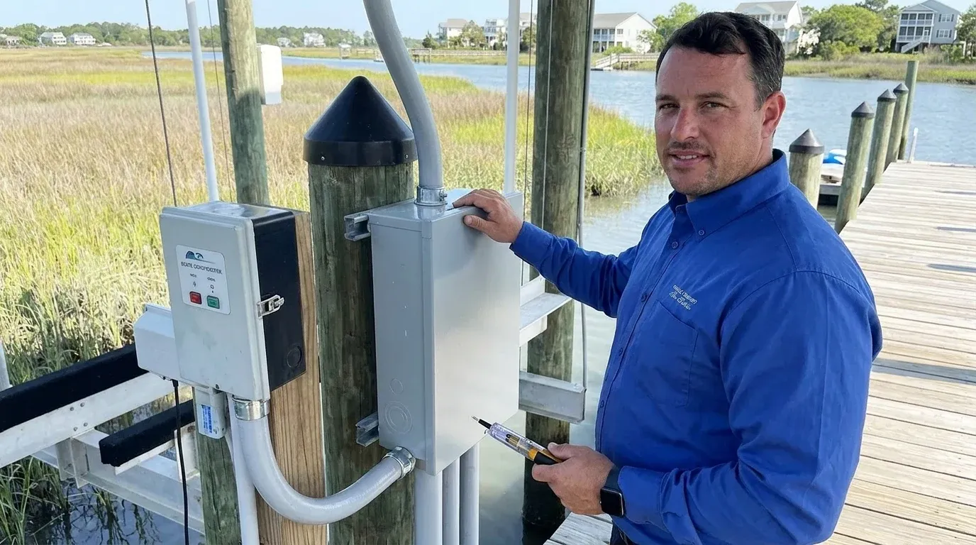 Coastal Comfort Electric technician verifying dock and outdoor electrical work in a Wilmington-area home.