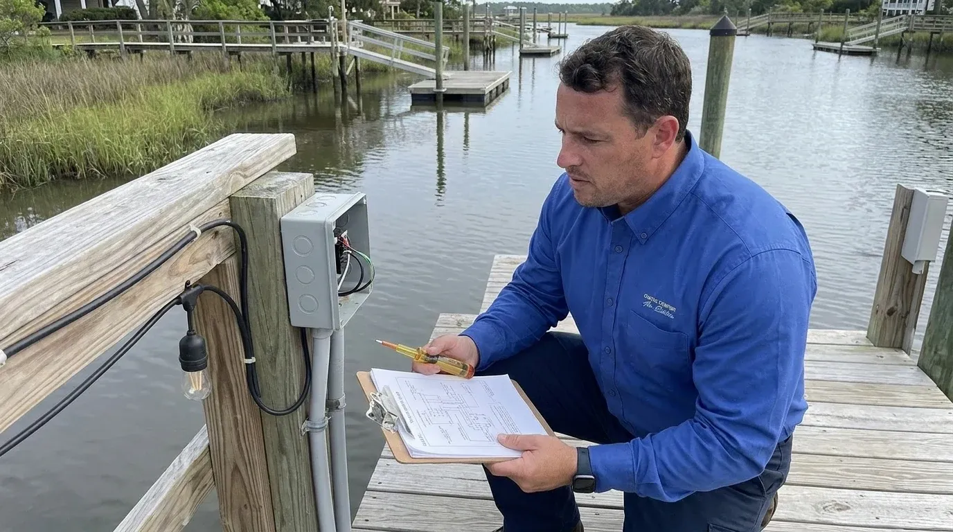 Coastal Comfort Electric Dock and Outdoor Electrical Field Review Coastal Comfort Electric technician checking electrical conditions for dock and outdoor electrical at a Wilmington-area home.