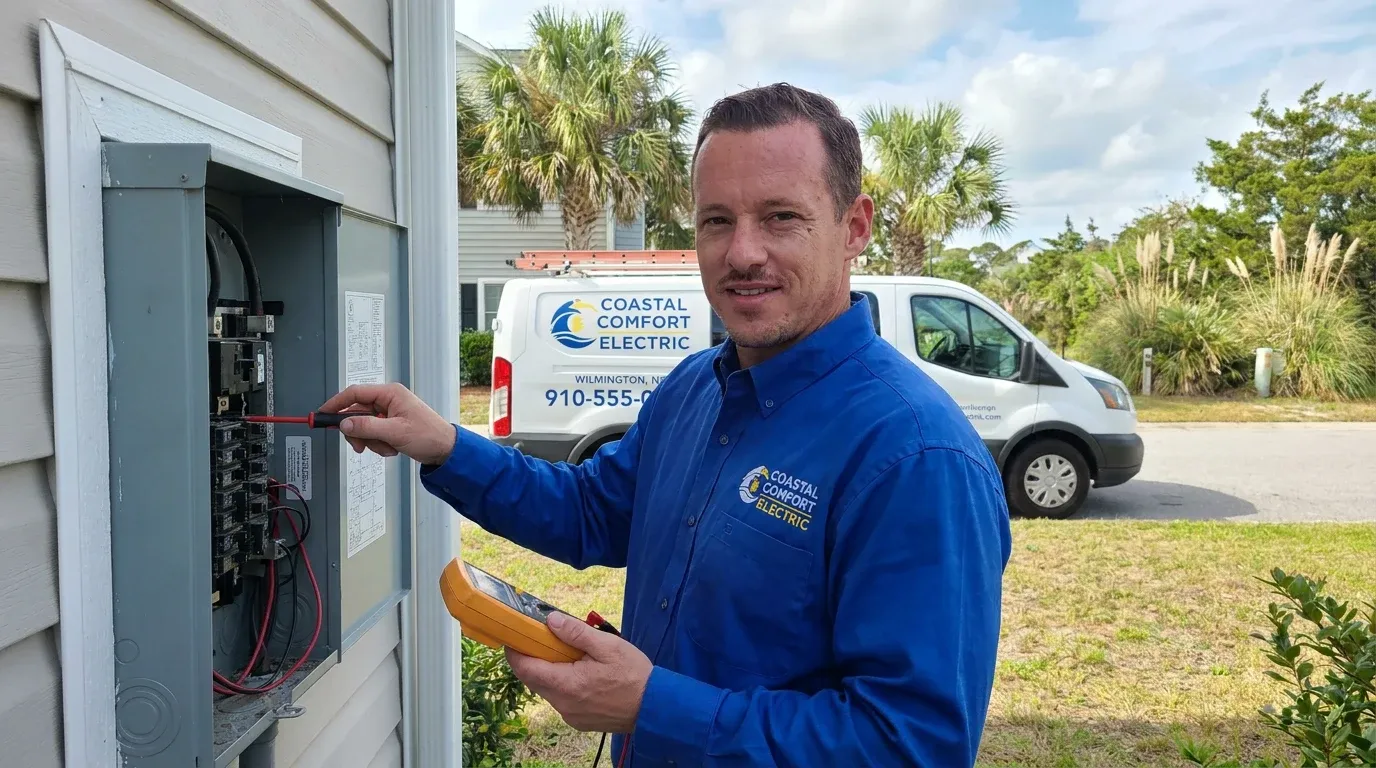 Coastal Comfort Electric Dock and Outdoor Electrical Planning Coastal Comfort Electric technician reviewing notes and materials for dock and outdoor electrical planning.