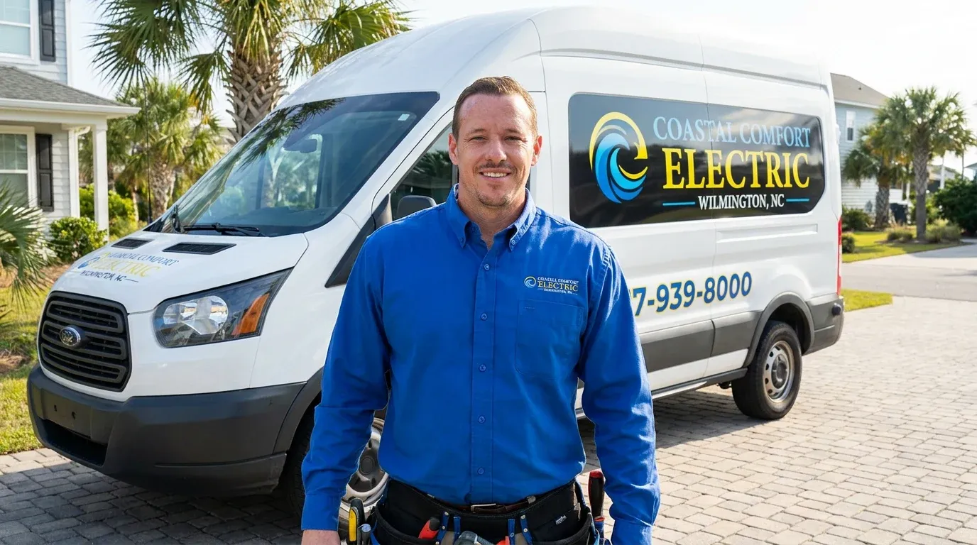 Coastal Comfort Electric technician reviewing dock and outdoor electrical needs at a Wilmington-area home.