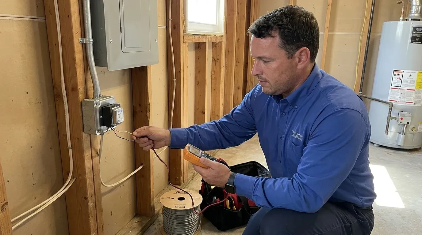 Coastal Comfort Electric technician verifying doorbell and transformer wiring work in a Wilmington-area home.
