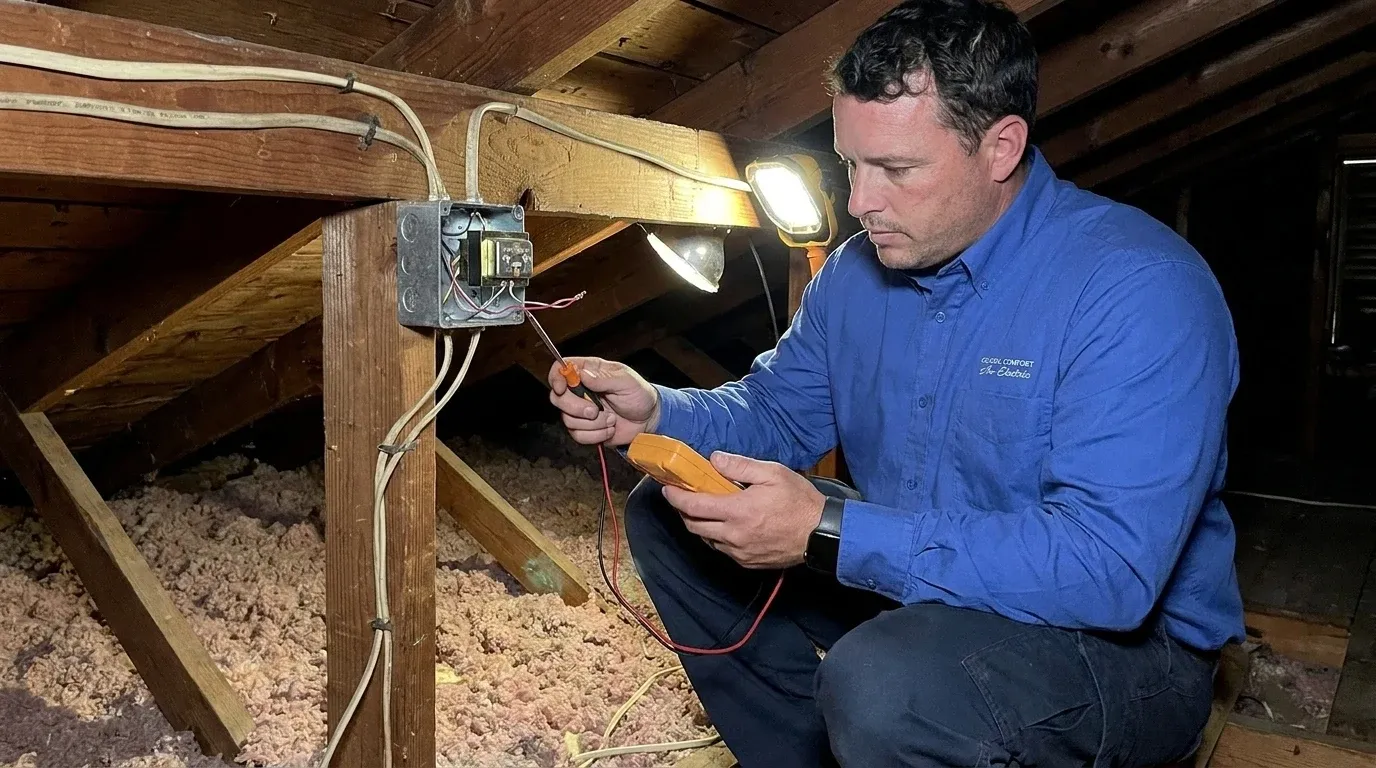 Coastal Comfort Electric technician checking electrical conditions for doorbell and transformer wiring at a Wilmington-area home.