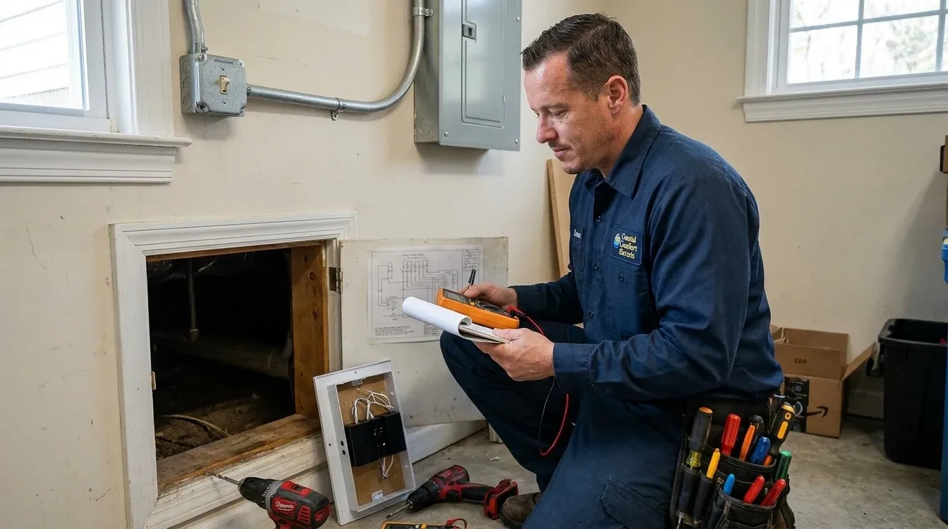 Coastal Comfort Electric technician reviewing notes and materials for doorbell and transformer wiring planning.