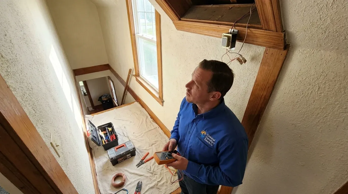 Coastal Comfort Electric technician reviewing doorbell and transformer wiring needs at a Wilmington-area home.