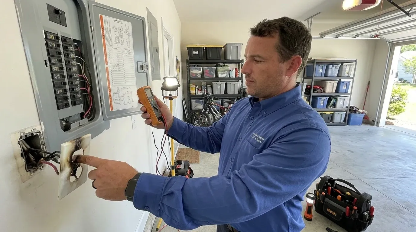 Coastal Comfort Electric technician verifying electrical burning smell diagnosis work in a Wilmington-area home.