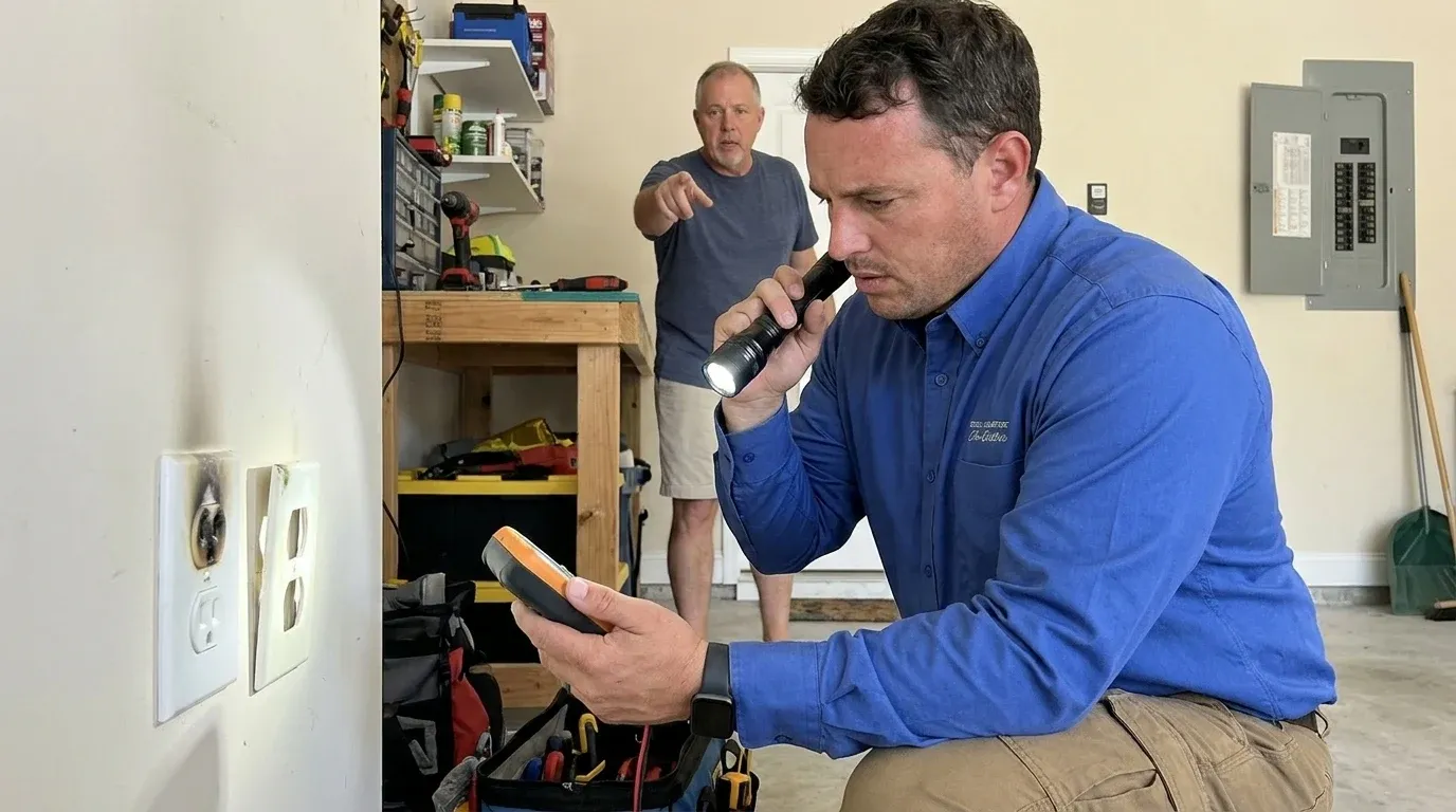 Coastal Comfort Electric Electrical Burning Smell Diagnosis Field Review Coastal Comfort Electric technician checking electrical conditions for electrical burning smell diagnosis at a Wilmington-area home.
