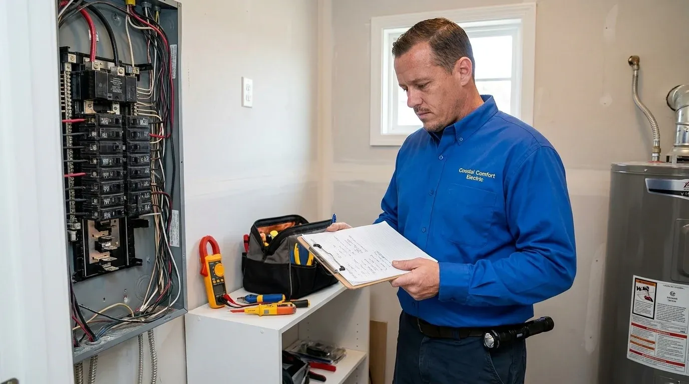 Coastal Comfort Electric Electrical Burning Smell Diagnosis Planning Coastal Comfort Electric technician reviewing notes and materials for electrical burning smell diagnosis planning.