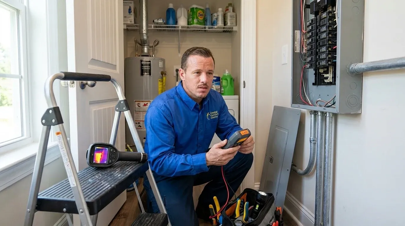 Coastal Comfort Electric technician reviewing electrical burning smell diagnosis needs at a Wilmington-area home.