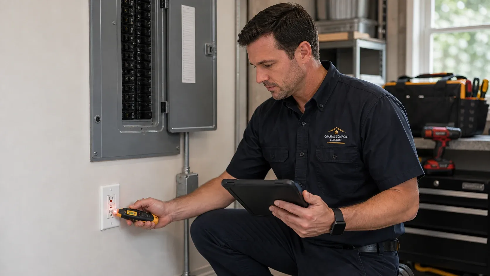 Code Correction Completion Check Coastal Comfort Electric technician verifying completed electrical code correction work with a tester.