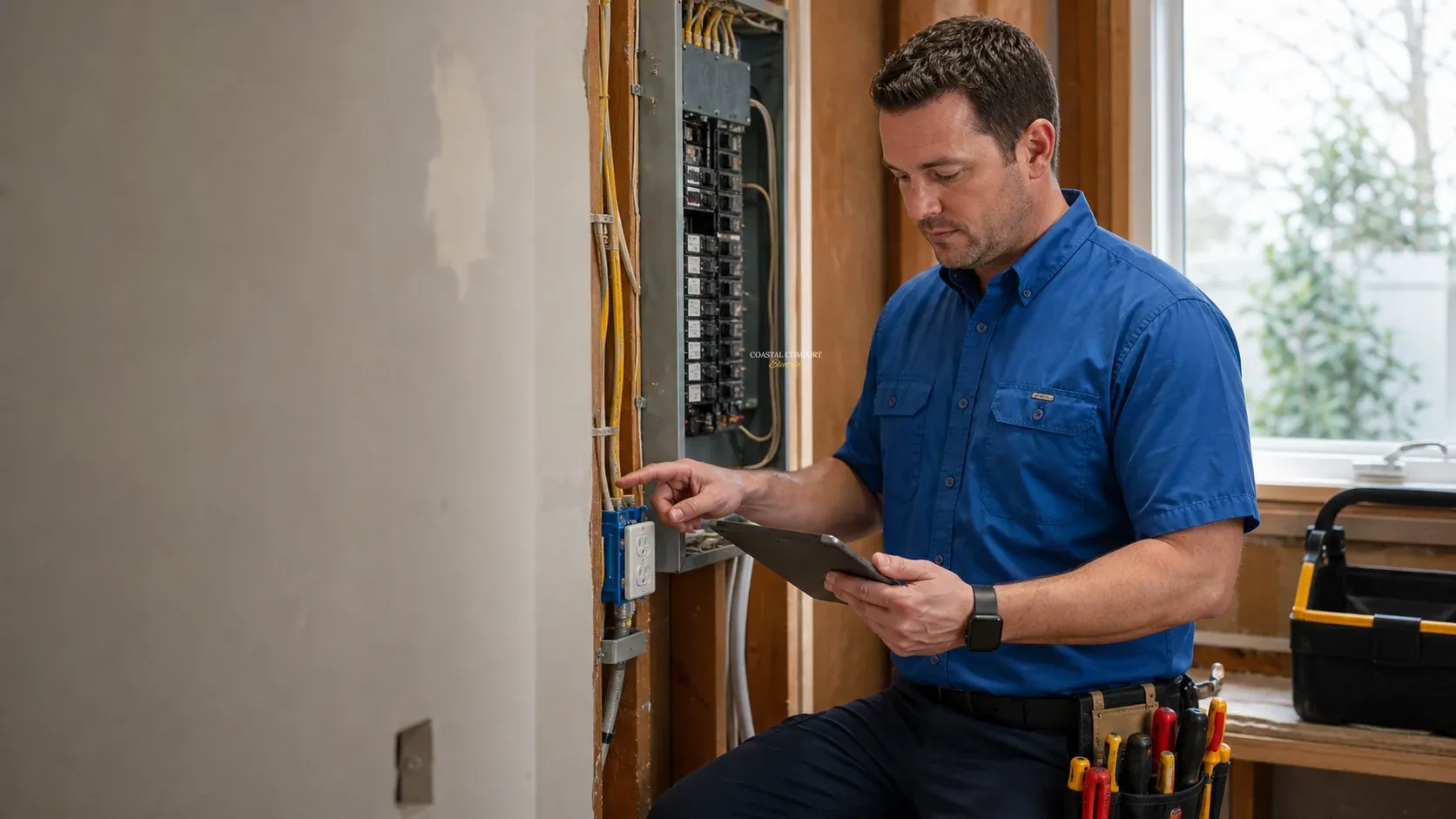 Coastal Comfort Electric technician reviewing electrical code correction notes near a residential panel.