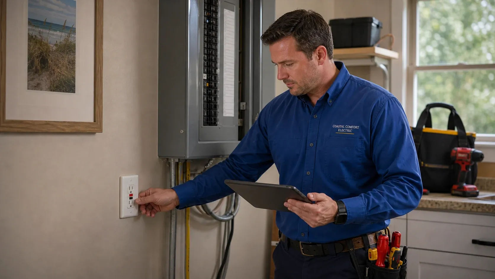 Code Correction Scope Review Coastal Comfort Electric technician reviewing code correction scope near a residential electrical panel.