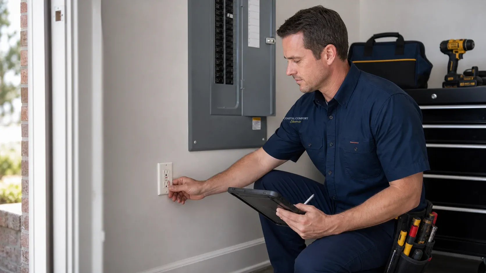 Residential Code Correction Check Coastal Comfort Electric technician checking a residential outlet while reviewing code correction work.