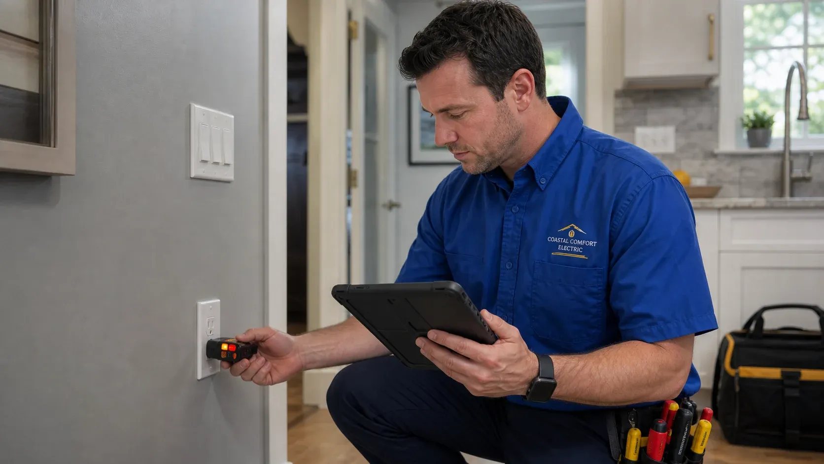 Device Testing During Inspection Coastal Comfort Electric technician testing a residential outlet during an electrical inspection.