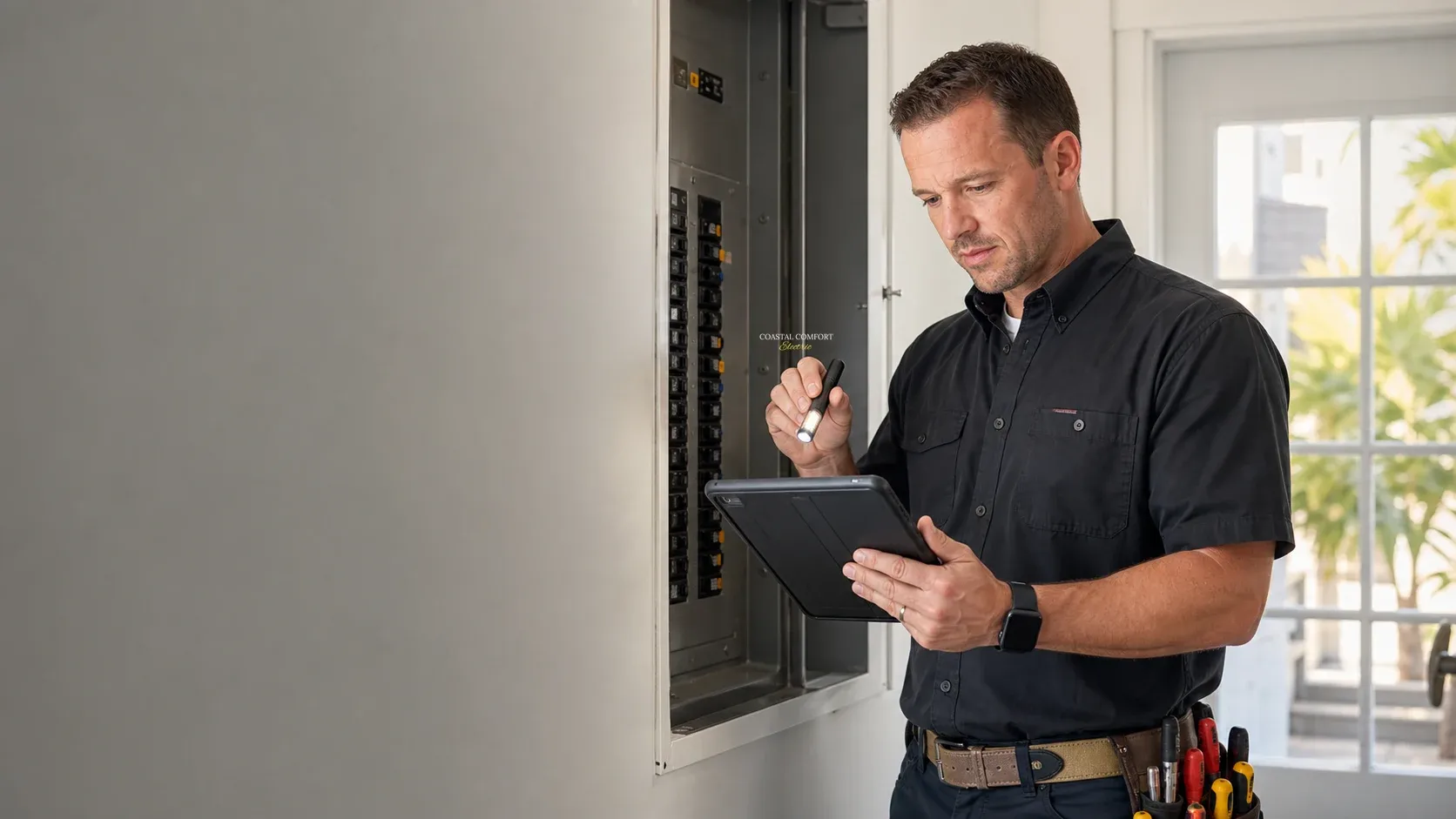 Coastal Comfort Electric technician reviewing a residential electrical panel during an electrical inspection.