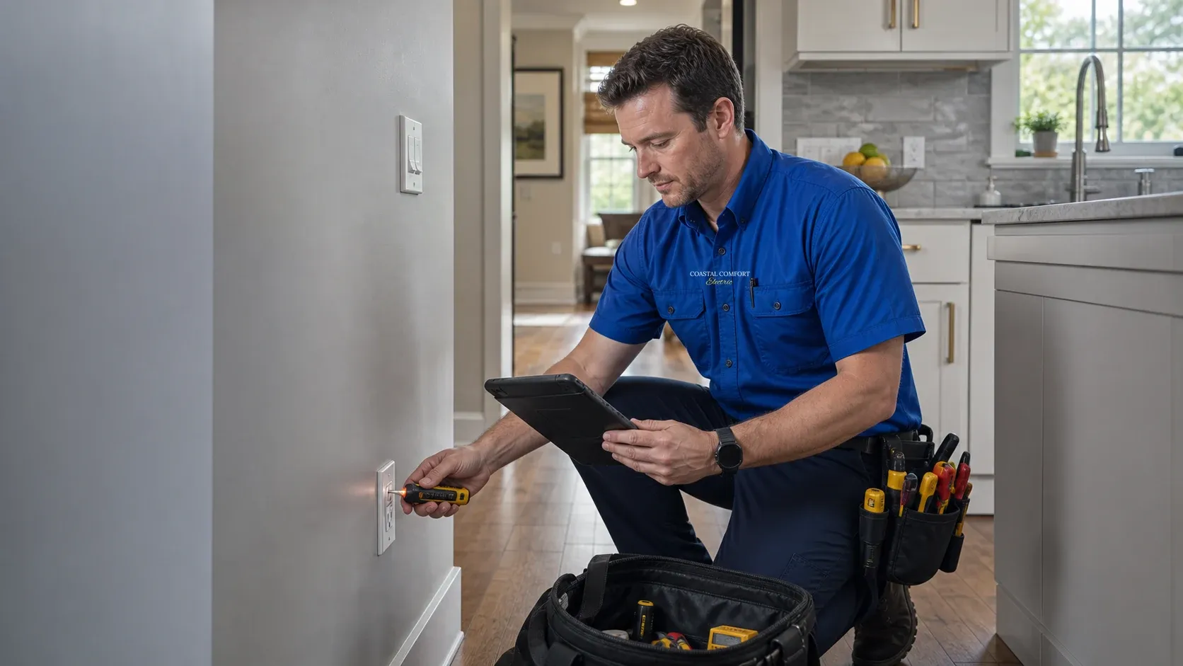 Coastal Comfort Electric technician inspecting an outlet and taking notes during a residential electrical inspection.