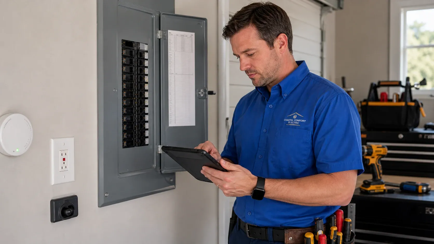 Panel Documentation During Inspection Coastal Comfort Electric technician documenting visible conditions near a residential electrical panel.