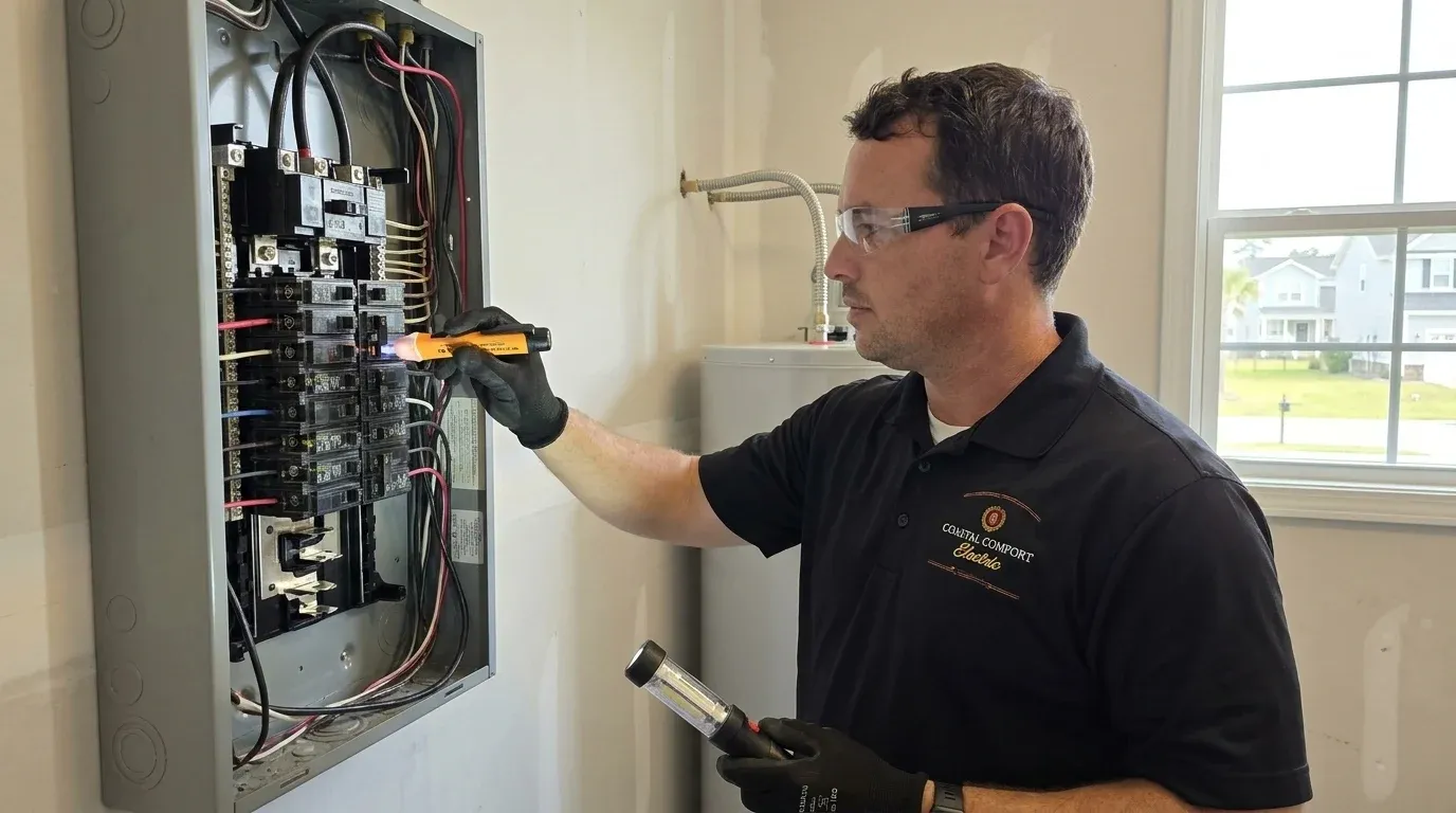 Breaker And Circuit Diagnosis Coastal Comfort Electric technician using a tester while checking a residential breaker panel.