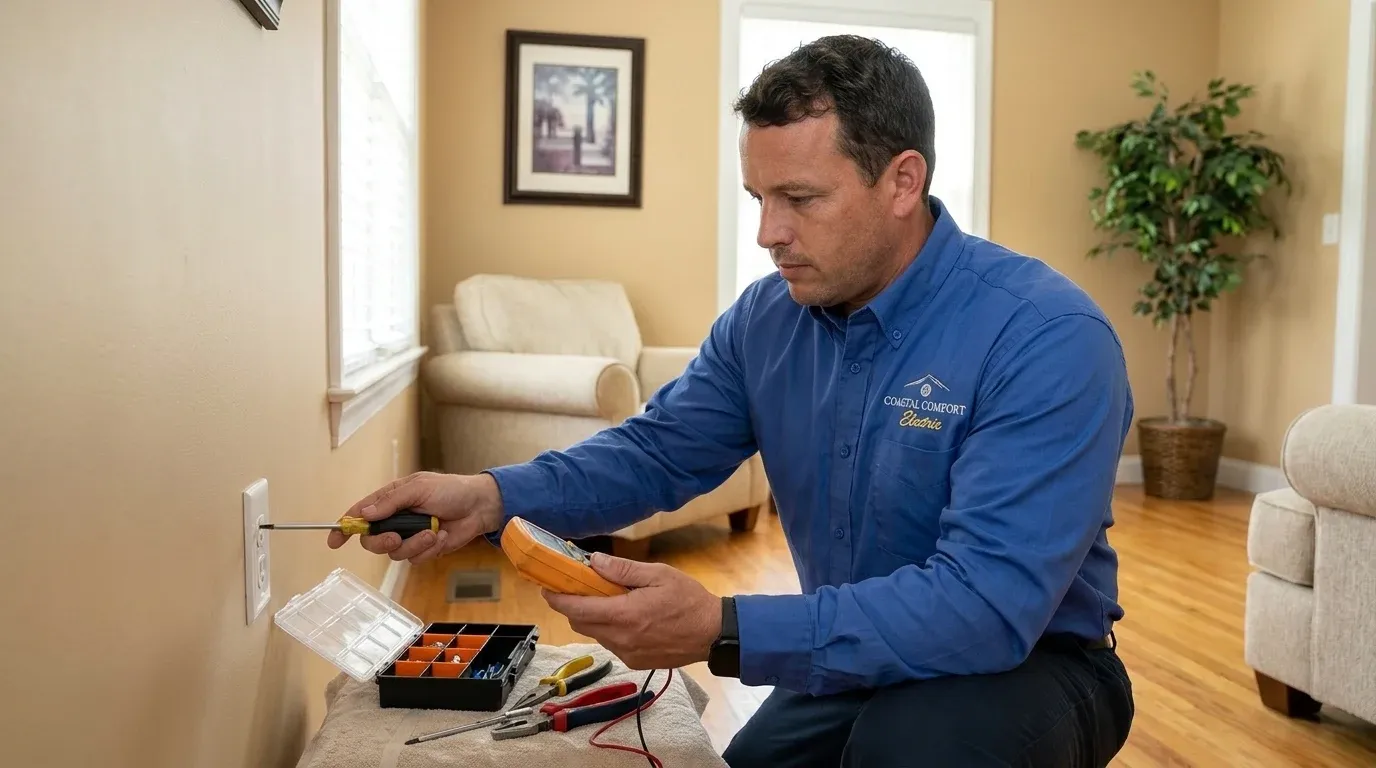 Coastal Comfort Electric technician checking an outlet during a residential electrical repair visit in a Wilmington area home.