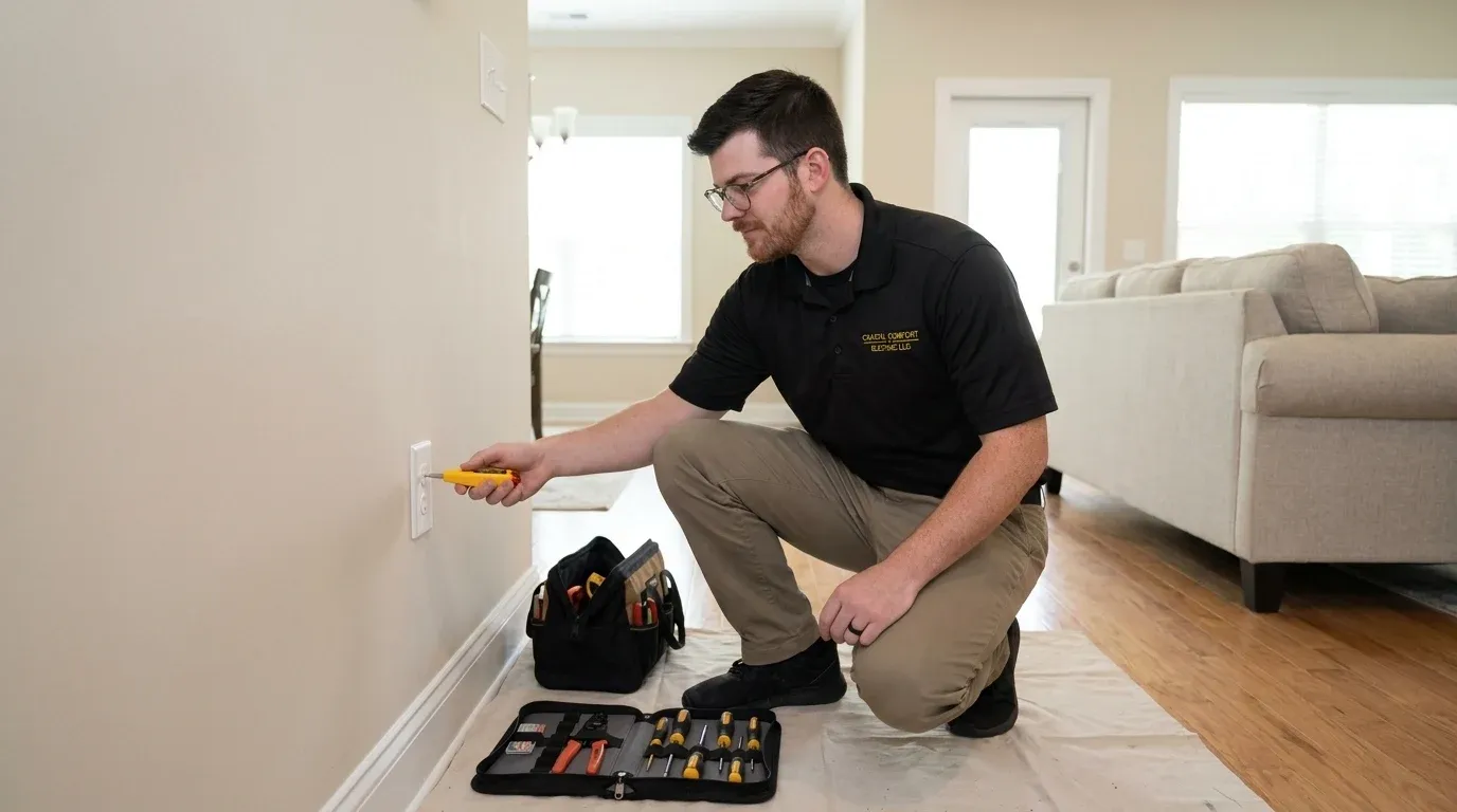 Coastal Comfort Electric technician verifying an outlet during a residential electrical repair service call.
