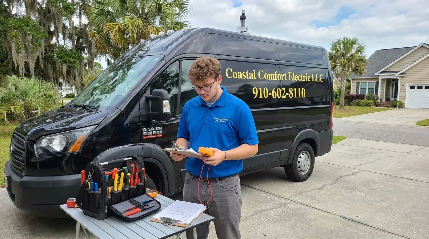 Electrical Repair Service Planning Coastal Comfort Electric technician reviewing repair notes and tools beside a branded service van.