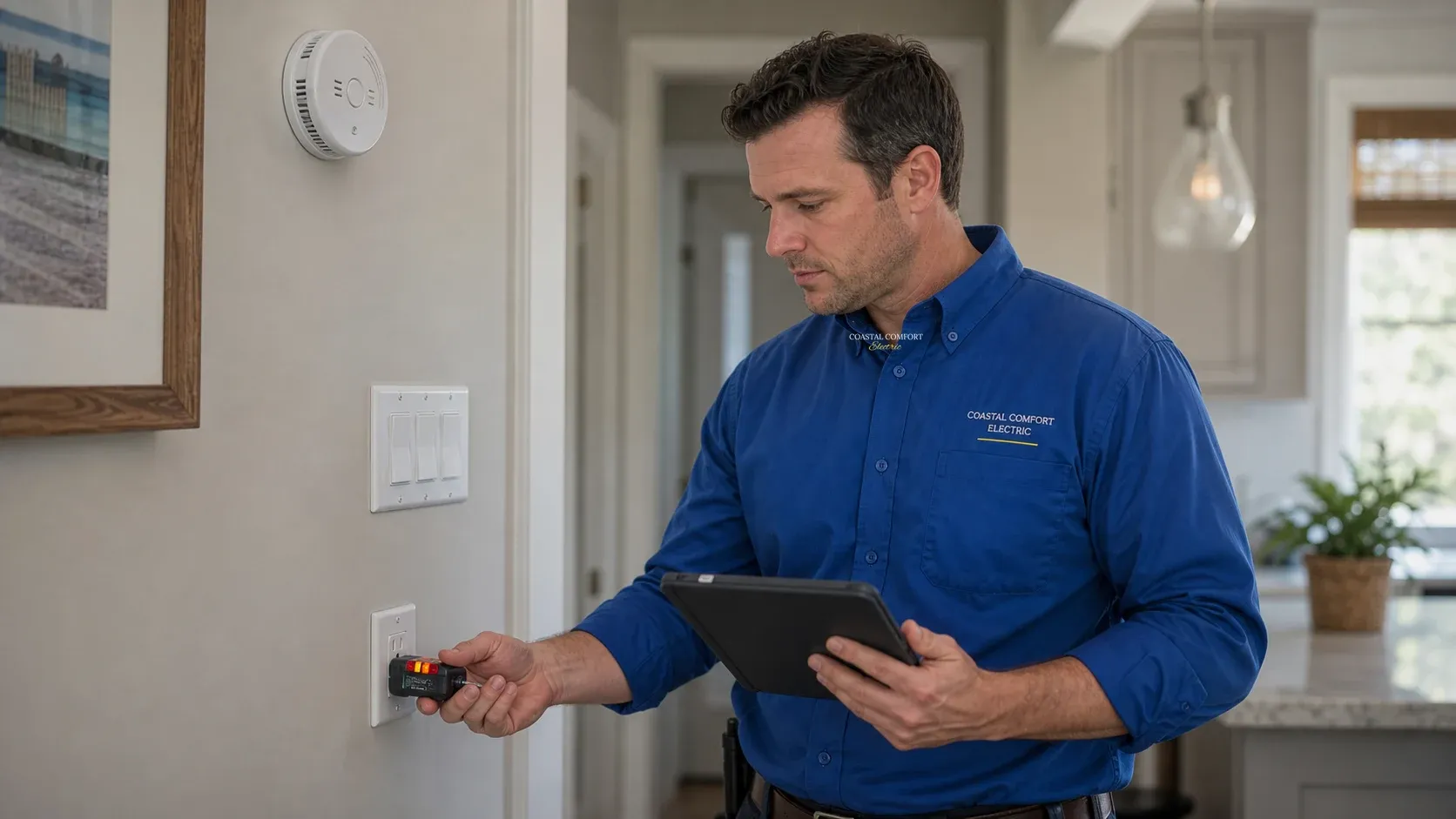 Coastal Comfort Electric technician using an outlet tester during a residential electrical safety inspection.
