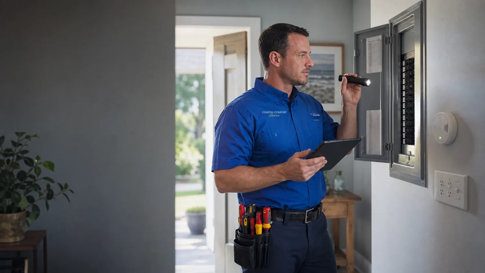 Coastal Comfort Electric technician reviewing a residential electrical panel during a safety inspection.